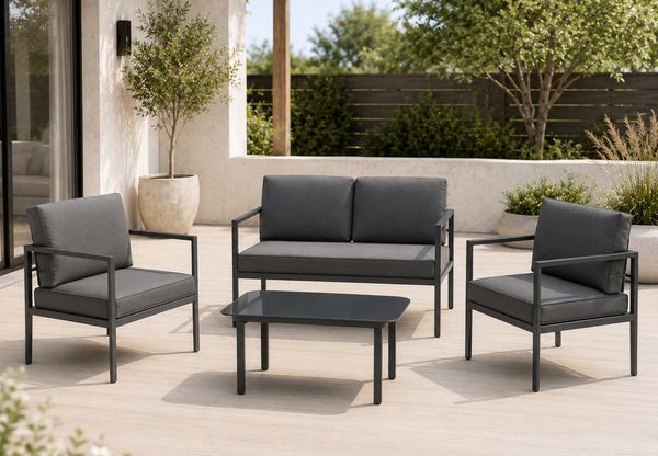Home Collective Gartenlounge-Set Balkonmöbel Lounge Möbel Outdoor Terrassenmöbel Sitzgruppe mit Tisch, (4-teiliges Set mit 1 2-Sitzer, 2 Sesseln und 1 Tisch, inkl. abziehbarer Kissen), obustes Metallgestell und Sicherheitsglas, graue Kissen, anthrazit
