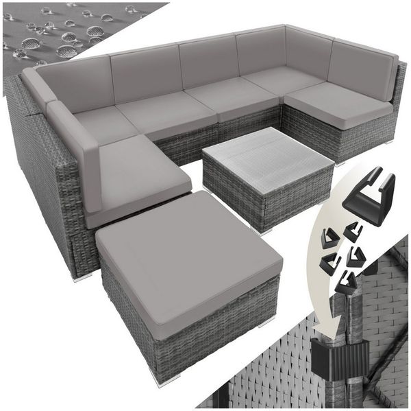 tectake Loungeset Rattan Lounge - wetterfestes Gartenmöbelset, (Sitzgruppe Venedig, 8-tlg, in Grau), abnehmbare, wasserabweisende Kissen