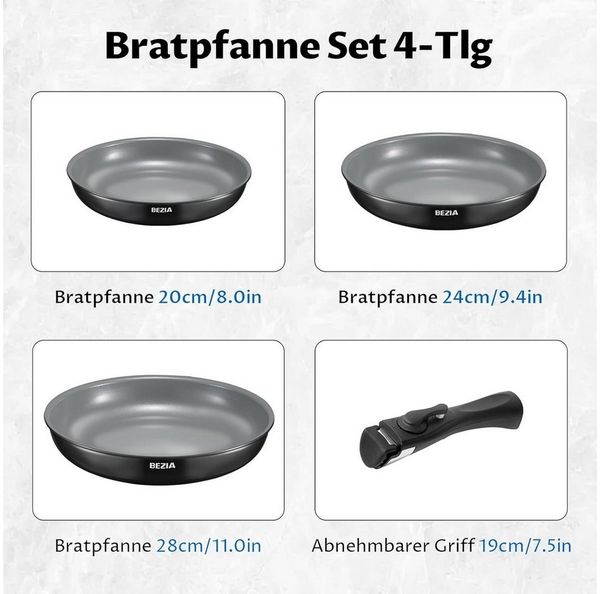 BEZIA Pfannen-Set Bratpfannen Set mit Keramik-Antihaft und abnehmbarem Griff, Keramik-Antihaftbeschichtung (4-tlg), Ofenfest bis 240°C, spülmaschinenfest