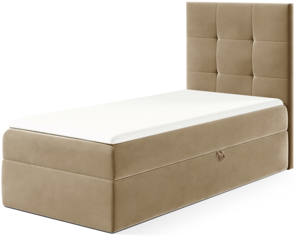 MEBLINI Kinderbett mit Bettkasten MINO 2 80x200 Rechts – H3/Hellbraun Samt Gepolstert Einzelbett mit Matratze - Polsterbett mit Stauraum - Bett mit Kopfteil – Stauraumbett