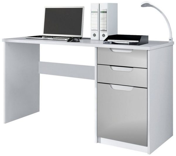 Vladon Schreibtisch Logan, Bürotisch mit 2 Schubladen und 1 Tür, Weiß matt/Hellgrau Seidenmatt (129 x 76 x 60 cm)