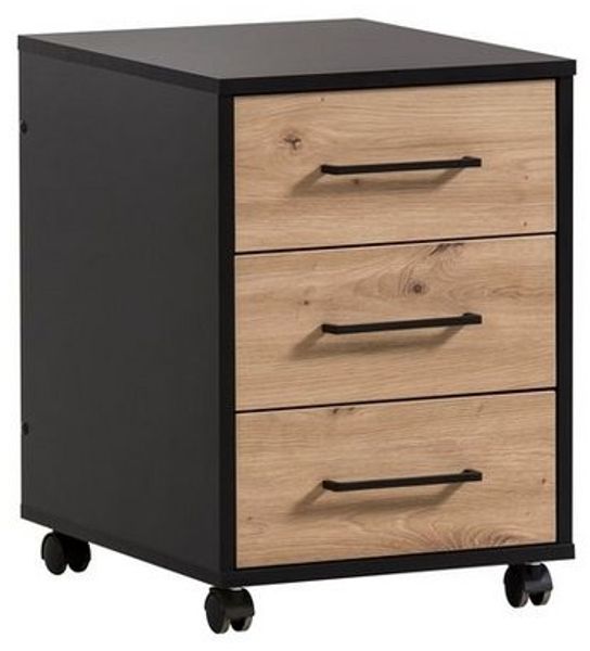 MÖBELPARTNER Rollcontainer Raven, HxBxT 57x40x50cm, 3 Schubladen, Eiche/Schwarz