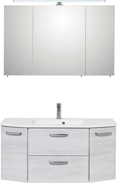 Saphir Badmöbel-Set Quickset 2-teilig, Mineralmarmor-Waschtisch mit LED-Spiegelschrank, (Set, 2-St), Unterschrank mit Waschbecken, inkl. Türdämpfer, Griffe Chrom Glanz