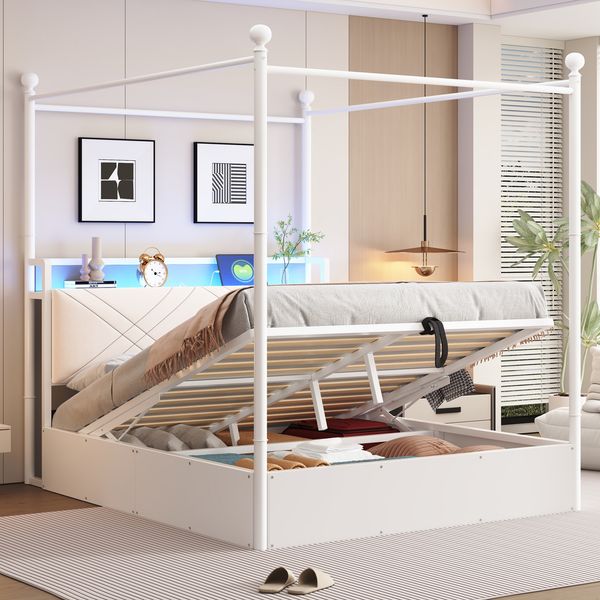 Multifunktionales Doppelbett aus Schmiedeeisen 140*190,mit Hydraulisch anhebbarer Bettstauraum und schmiedeeisernem Baldachin,mit abnehmbaren Bettpfosten mit LEDund USB/Type-C,ErwachJugendbett,Weiß