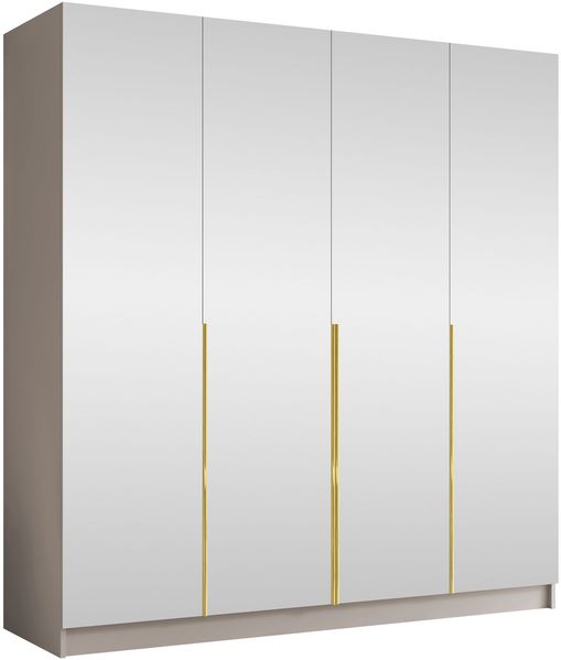Drehtürenschrank Salkor III, Kleiderschrank mit 4 Türen, Frontspiegel, Farbe: Cashmere + Gold, 200 x 215 x 58 cm