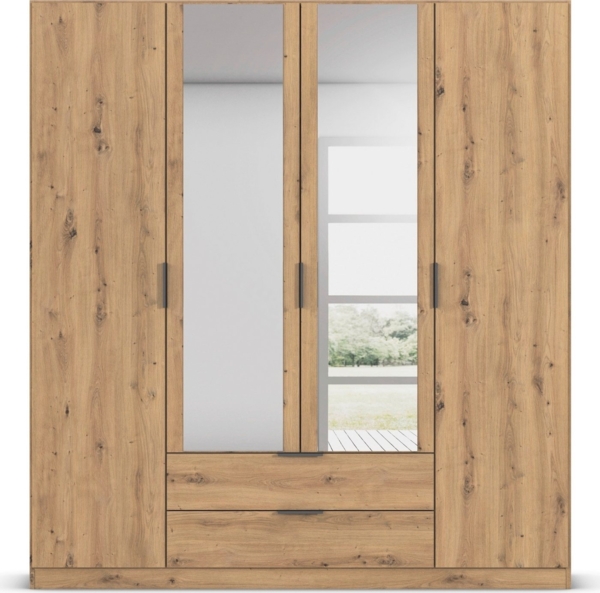 Rauch Möbel Lagoa, Kleiderschrank, Garderobe für Schlafzimmer, Kinderzimmer, Jugendzimmer 4-türig mit Spiegel, 2 Schubladen, mit Zubehör Basic, Farbe Eiche Artisan, Holz, Breite 181 cm