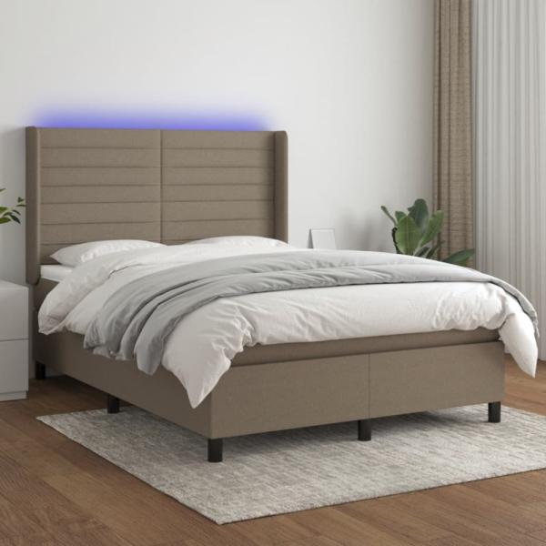 vidaXL Boxspringbett mit Matratze & LED Taupe 140x200 cm Stoff 3138401