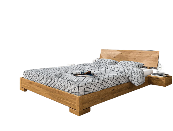 Bett Bento 3 aus Wildeiche massiv 80x200 cm mit Holzkopfteil und Holzbeinen