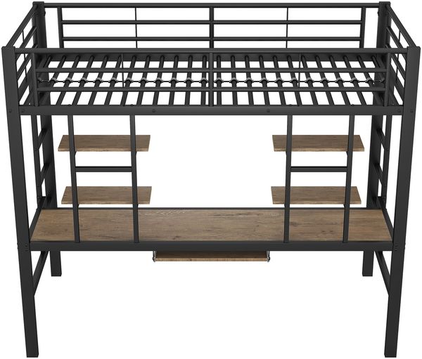 Metall Hochbett 90x200 cm mit Schreibtisch, Regalen & Tastaturablage, Schwarz, platzsparendes Jugendbett mit Leiter Bild 8