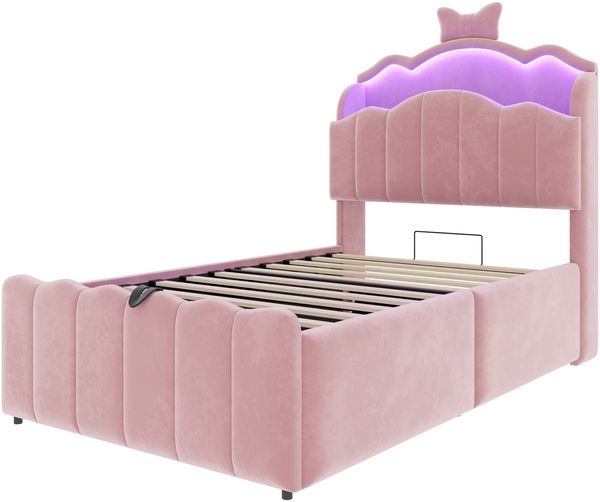 Merax Kinderbett 90 x 200 cm, Polsterbett, mit hydraulischem Stauraum, Samtbezug, LED-Kopfteil mit Farbwechselbeleuchtung, USB- und USB-C-Ladeanschlüssen, aufklappbarem Kopfteil, Rosa Bild 8