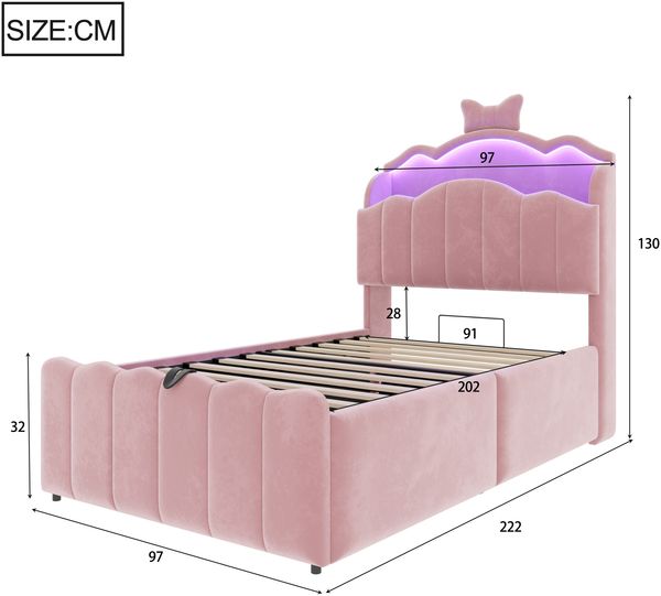 Merax Kinderbett 90 x 200 cm, Polsterbett, mit hydraulischem Stauraum, Samtbezug, LED-Kopfteil mit Farbwechselbeleuchtung, USB- und USB-C-Ladeanschlüssen, aufklappbarem Kopfteil, Rosa Bild 4