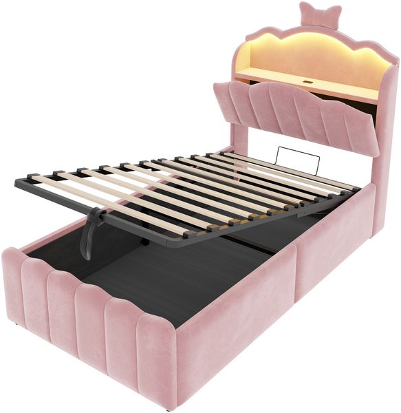 Merax Kinderbett 90 x 200 cm, Polsterbett, mit hydraulischem Stauraum, Samtbezug, LED-Kopfteil mit Farbwechselbeleuchtung, USB- und USB-C-Ladeanschlüssen, aufklappbarem Kopfteil, Rosa Bild 9