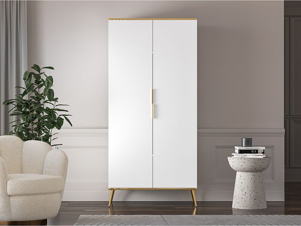 Kleiderschrank VLORA-131 in weiß mit goldfarbenen Griffen