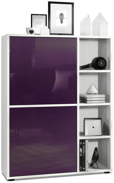 Highboard Schrank Anrichte Cuba mit 8 Fächern, Korpus in Weiß matt / Fronten in Brombeer Hochglanz