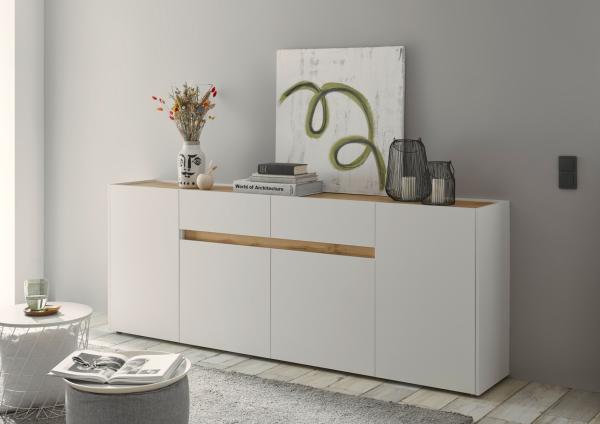 Sideboard 220x87 cm Eiche Weiss 4-türig + 2 Schubkästen BOSTON