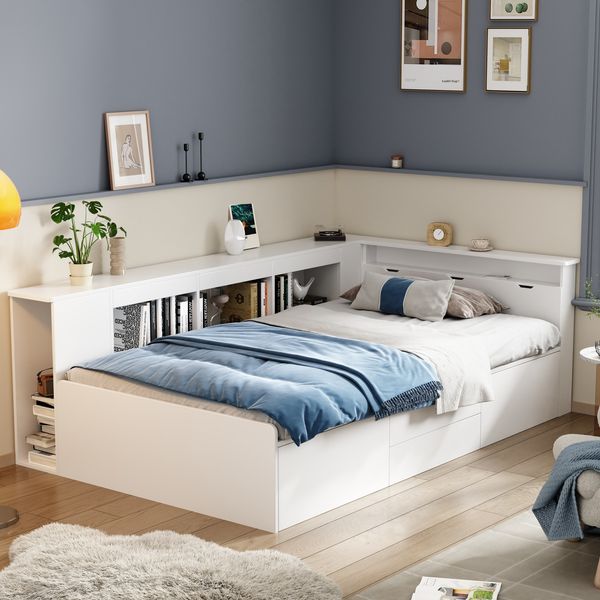 Kinderbett 90x200 cm mit großem Stauraum, 4 Schubladen und integriertem Bücherregal, MDF weiß, Lattenrost inklusive