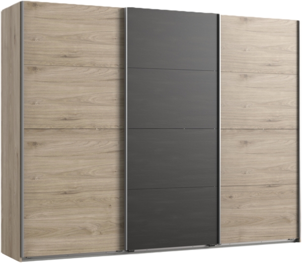 Schwebetürenschrank Kleiderschrank 270 cm 3-türig mit Zubehör Eichendekor Grau