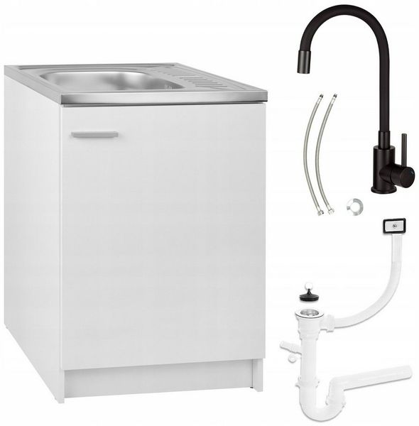 STAMAR Spülenschrank Komplettset Slim 60cm Weiß Spüle Edelstahl Armatur Deante Schwarz Unterschrank stehend 1 Tür 60x50cm Flexarmatur elastisch Siphon Set