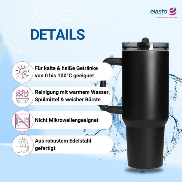 elasto Becher Edelstahl Trinkbecher mit Deckel und Strohhalm 1,2 Liter, isoliert, robust, für unterwegs