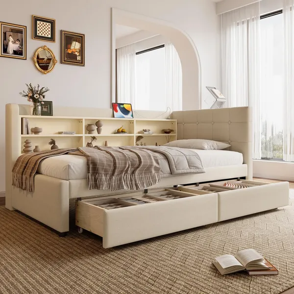 Stauraumbett mit Schubladen, Lattenrost, Regal, USB und Type-C Anschluss, 90x200 cm, Einzelbett, Polsterbett, Leinen