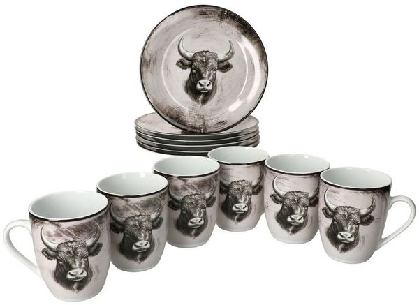 MamboCat Frühstücks-Geschirrset Toro 12tlg Frühstücksset Porzellan Landhaus Kuhmotiv 6 Becher Teller, Porzellan