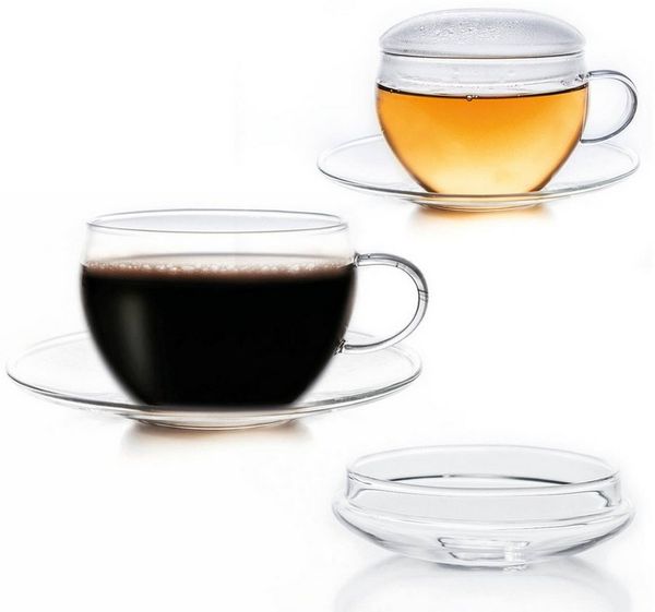 Creano Teeglas Glastasse 2er-Set mit Untertasse & Deckel, 200ml, Glas, 2 bedruckte Gläser