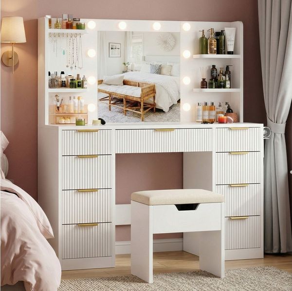 HOMALL Schminktisch Mit dreifarbiger LED-Beleuchtung, mit Spiegel, optional mit Hockern (Maße: 110 x 40 x 137 cm, mit 10 kugelförmigen Lampen, deren Helligkeit und Farbtemperatur einstellbar sind, sowie einer Schublade. Ausgestattet mit 1 USB-Anschluss...