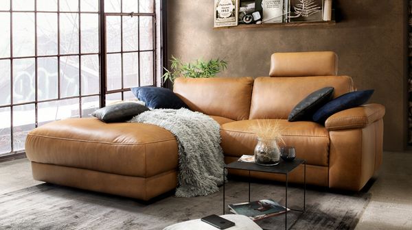 KAWOLA Sofa LOLA Ecksofa Leder cognac mit motorischer Relaxfunktion Recamiere links 82 x 178 x 233 cm