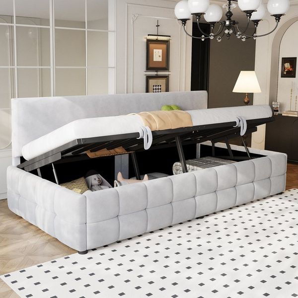 Merax Daybett (Einzelbett Jugendbett Tagesbett Kinderbett Schlafsofa Sofabett, 1 tlg), Polsterbett 90x200cm mit hydraulischem Stauraum &Rückenlehne, Samt