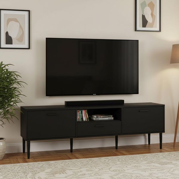 Dmora - Fernsehschrank Heloise, Ständer für Wohnzimmerfernseher, Niedriges Wohnzimmer-Sideboard, TV-Ständerbasis, 177x40 h57 cm, Schwarz