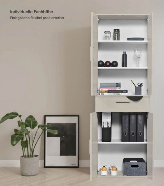mokebo Mehrzweckschrank Der Praktische (60x180 cm, mit Schublade) Büroschrank, Flurschrank Apothekerschrank, Aktenschrank in Beige Grau