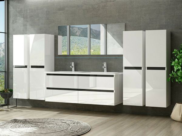Homeline Badmöbel-Set 120 cm Doppelwaschtisch Hochglanz Weiß doppelwaschtisch unterschrank