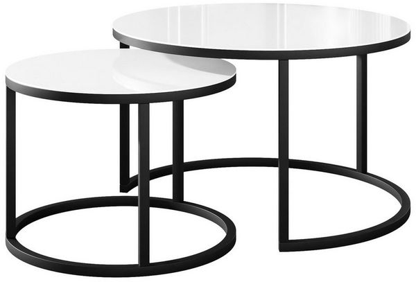Lookway Couchtisch CIRI 2in1 GLASS mit schwarzem und weißem Gestell (2er Set), Durchmesser: ⌀70 cm und ⌀50 cm