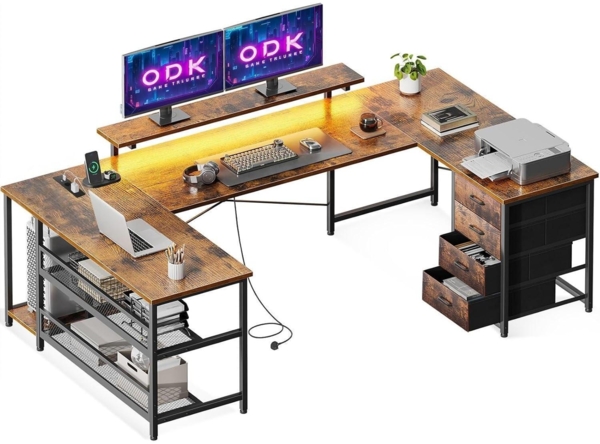 ODK Eckschreibtisch 4 Schubladen USB LED Monitorständer 167×102cm Vintage-Braun