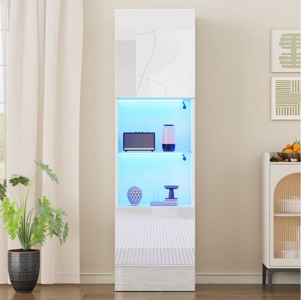 MODFU Vitrine 45 x 160 x 35 cm aus Spanplatte, mit 2 praktischen Türen (Highboard, Aufbewahrungsschrank, Hochschrank, Lagerschrank , 1-St, Hochglanz-Vitrine mit LED-Beleuchtung & Glasboden) Als schlankes Highboard für dekorative Aufbewahrung