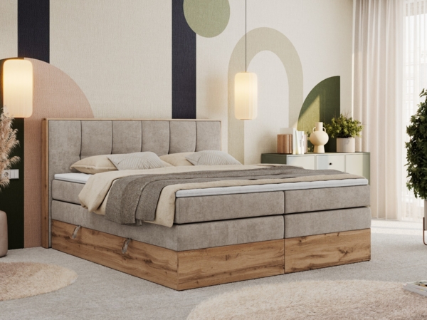 Boxspringbett, Doppelbett mit zwei 7 Härtezonen Multipocket-Matratzen, Bettkästen, Eiche Wotan Holzrahmen, Polsterbett mit Topper-Matratze - ALBERO 1 KING - 200 x 200 cm - Beige Stoff - H4