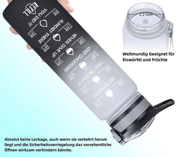 Botells Trinkflasche Sportflasche Wasserflasche 1l, Trink Motivation, Strohhalm, Shakerball, leicht, auslaufsicher, motivierend, robust