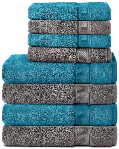 Komfortec 8er Handtuch Set aus 100% Baumwolle, 4 Badetücher 70x140 und 4 Handtücher 50x100 cm, Frottee, Weich, Towel, Groß, Anthrazit Grau/Türkis
