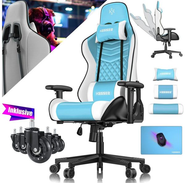 KESSER® Gaming Stuhl Ergonomisch Bürostuhl mit Kopfstütze & Lendenkissen | Racing Gamer Stuhl 150kg belastbar | Armlehne 360° | Drehbarer Schreibtischstuhl Gaming Chair + Gummi-Rollen Hellblau / Weiß