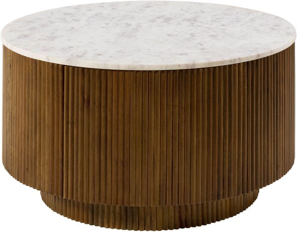 Couchtisch rund Mango 80x80x45 braun lackiert / Marmor weiß BARCELONA #220
