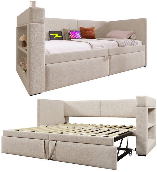 REDOM Polsterbett mit ausziehbarem Bett, Leinen-Baumwoll-Material (Daybett, Schlafsofa mit Ausziehbett, Leinen-Mischgewebe, 90x200 cm, ohne Matratze), mit Armlehnen, mit USB- & Type-C-Ladeanschluss und Getränkehalter