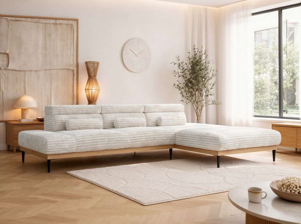 Ecksofa PAVERO L mit Relaxfunktion, elektrisch verstellbare Sitztiefe, Eckcouch L-Form, Wellenfederung, freistehend Ecksofa - Beige Cord - Rechts Seite