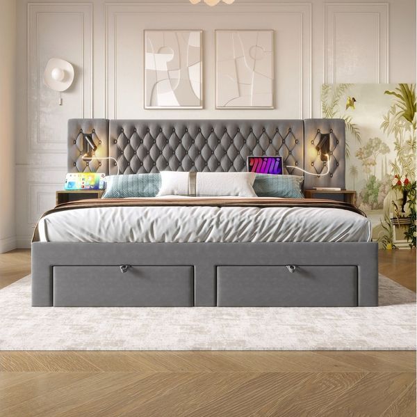 MODFU Polsterbett Vintage Doppelbett (Funktionsbett, 1-tlg, 180 ×200 cm, mit Matratze), mit 2 Nachttischen, 4 Schubladen, USB- & Type-C-Ladeanschluss