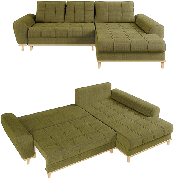 Ecksofa Scandi-Stil Schlafcouch Stauraum Ottomane RE Bouclé Chenille in Grün