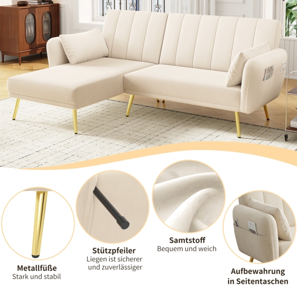 Merax Modernes Klappsofa, L-förmiges Sofa, Schlafsofa mit Zusatzecke, Ecksofa mit Schlaffunktion, Beige Bild 5