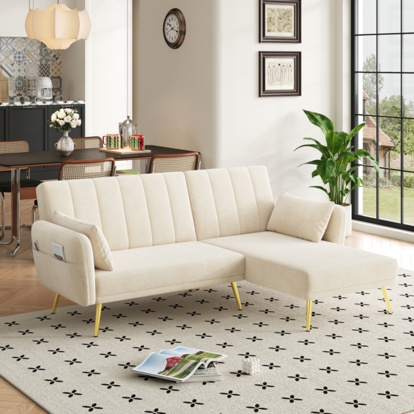 Merax Modernes Klappsofa, L-förmiges Sofa, Schlafsofa mit Zusatzecke, Ecksofa mit Schlaffunktion, Beige Bild 2