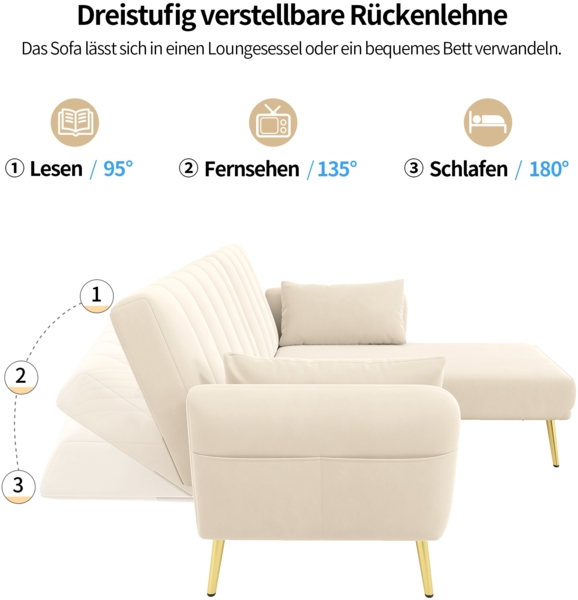 Merax Modernes Klappsofa, L-förmiges Sofa, Schlafsofa mit Zusatzecke, Ecksofa mit Schlaffunktion, Beige Bild 6