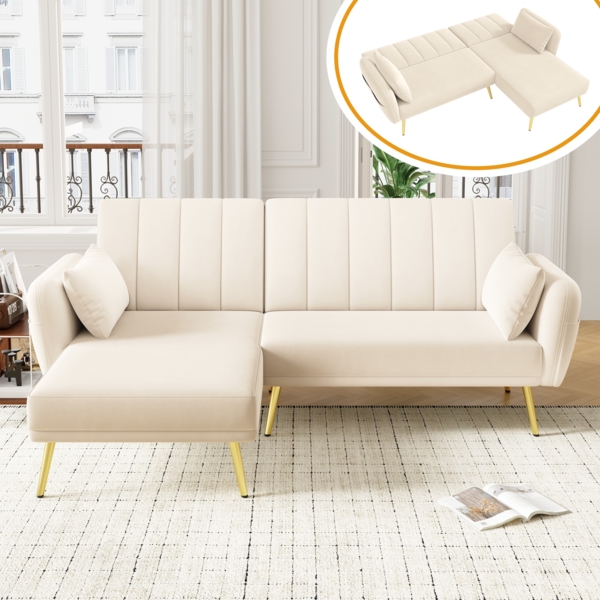Merax Modernes Klappsofa, L-förmiges Sofa, Schlafsofa mit Zusatzecke, Ecksofa mit Schlaffunktion, Beige Bild 3
