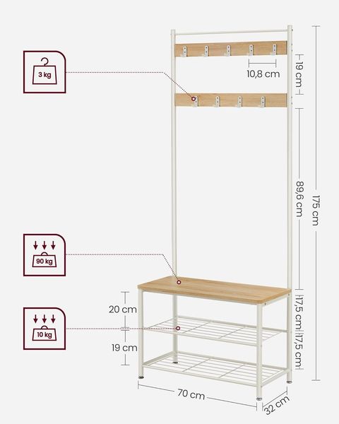 Vasagle Garderobenständer, Kleiderständer mit Schuhablagen, Schuhregal mit Sitzfläche, für Flur, mit Haken, 3 Ablagen, aus Metall, Höhe 175 cm, modern, eichenfarben-weiß Bild 5
