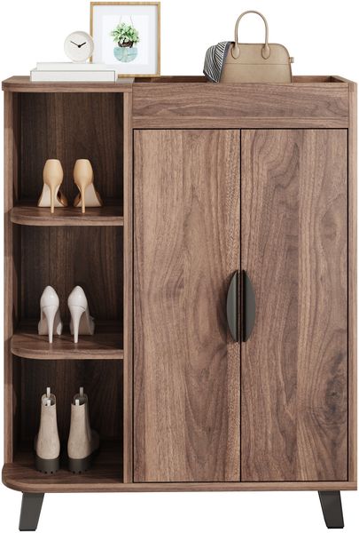 Schmaler Schuhschrank, Doppeltüriger Schuhschrank, Schuhregal mit offenen Fächern, Holzoptik, Mehrzweckschrank für Flur, Kleiner Schuhschrank für kleine Räume, mit oberem Ablagefach
